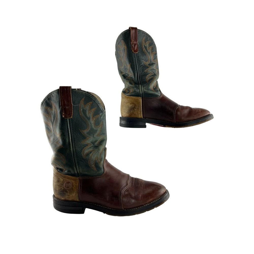 Men's Double H Green & Brown Leather Round Toe Roper Western Boots Size 10.5 D